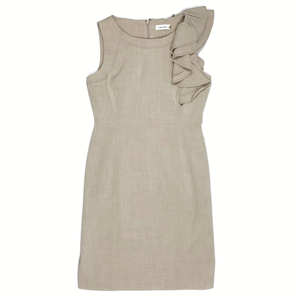 Calvin Klein Tan Ruffle Shoulder Sheath Dress
